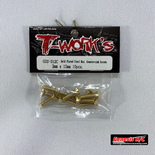 T-Work's TWKGSS-312C - 3mm x 12mm Gold Plated Steel Hex Countersink Screws (x10)