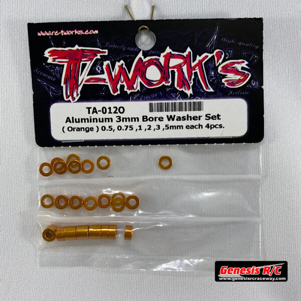T-Work's TWKTA-012O - Aluminum 3mm Bore Washer Set (Orange) 0.5, 0.75 ,1,2,3,5mm each 4pcs