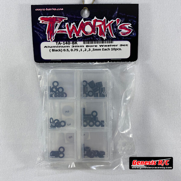 T-Work's TWKTA-140BK - Aluminum 3mm Bore Washer Set (Black) 0.5, 0.75 ,1,2 ,3 ,5mm Each 10pcs.