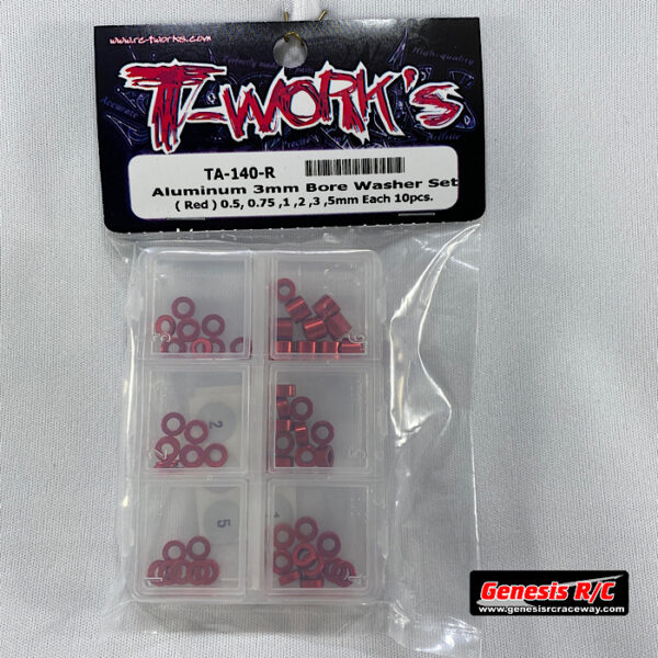 T-Work's TWKTA-140R - Aluminum 3mm Bore Washer Set (Red) 0.5, 0.75 ,1,2 ,3 ,5mm Each 10pcs.